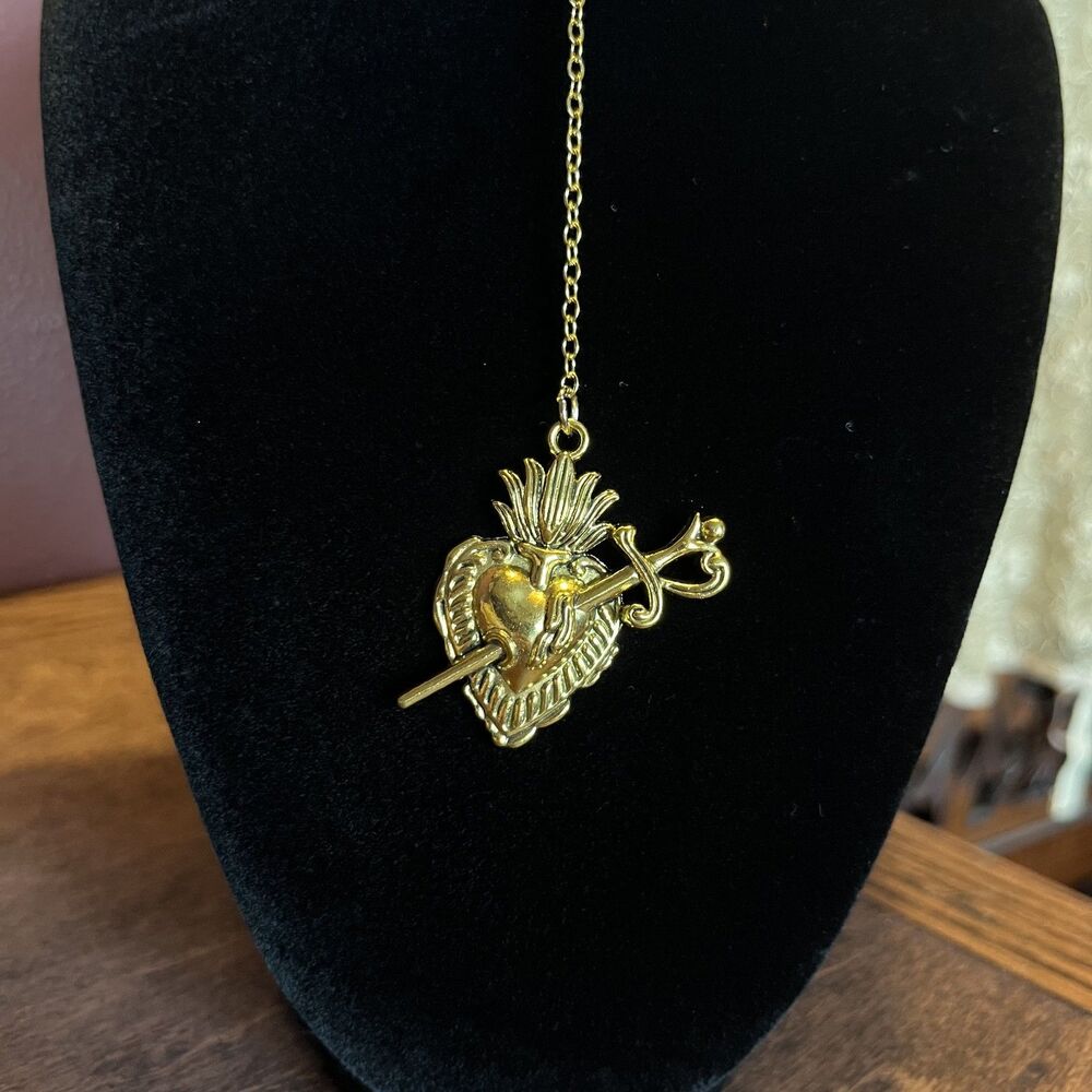 Gold Plated Sacred Heart Drop Choker Antique-Style Lace Whimsygoth Eccentric - Picture 2 of 6